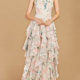 High Neck, Ruffled Skirt Printed Dress - OUTLET