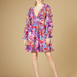 Long Sleeve Print Cocktail Short with Lace Up Back and Cutouts - OUTLET