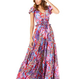 V-Neck Long Print Gown with Cap Sleeves - OUTLET