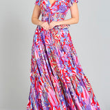 V-Neck Long Print Gown with Cap Sleeves - OUTLET