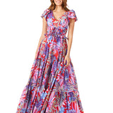V-Neck Long Print Gown with Cap Sleeves - OUTLET