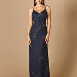 Beaded Spaghetti Strap Navy Full-Length Gown