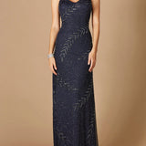 Beaded Spaghetti Strap Navy Full-Length Gown
