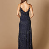 Beaded Spaghetti Strap Navy Full-Length Gown