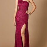 One-Shoulder Beaded Gown with Slit