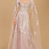 Lace Gown with Cape Sleeves, Sweetheart Neckline | 29300