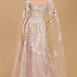 Lace Gown with Cape Sleeves, Sweetheart Neckline | 29300