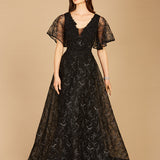 Cape Sleeve Beaded Gown in Black  - OUTLET