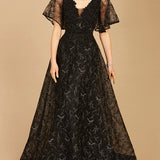 Cape Sleeve Beaded Gown in Black  - OUTLET