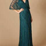 Illusion Cape Sleeve Beaded Gown