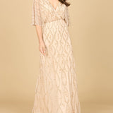 Illusion Cape Sleeve Beaded Gown