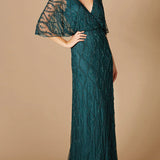 Illusion Cape Sleeve Beaded Gown