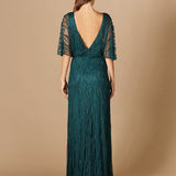 Illusion Cape Sleeve Beaded Gown