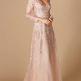 Long Sleeve V-Neck Lace Gown