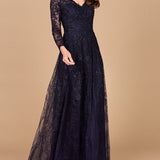 Long Sleeve V-Neck Lace Gown