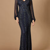 Long Sleeve Beaded Gown with Balloon Sleeves