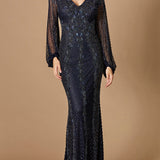 Long Sleeve Beaded Gown with Balloon Sleeves