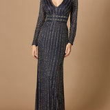 Long Sleeve Belted Beaded Gown