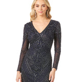 Long Sleeve V-Neck Beaded Cocktail Dress in Navy