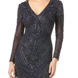 Long Sleeve V-Neck Beaded Cocktail Dress in Navy