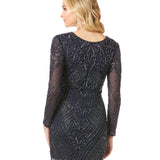 Long Sleeve V-Neck Beaded Cocktail Dress in Navy