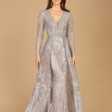 Long Sleeve Lace Gown with Overskirt