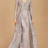 Long Sleeve Lace Gown with Overskirt