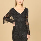 Long Sleeve Beaded V-Neck Fringe Cocktail Mini OUTLET