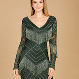 Long Sleeve Beaded V-Neck Fringe Cocktail Mini OUTLET