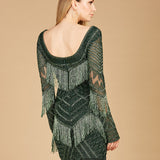 Long Sleeve Beaded V-Neck Fringe Cocktail Mini OUTLET