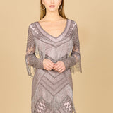 Long Sleeve Beaded V-Neck Fringe Cocktail Mini OUTLET