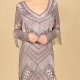 Long Sleeve Beaded V-Neck Fringe Cocktail Mini OUTLET