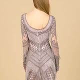 Long Sleeve Beaded V-Neck Fringe Cocktail Mini OUTLET