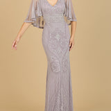 Cape Sleeve V-Neck Beaded Gown