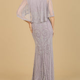 Cape Sleeve V-Neck Beaded Gown