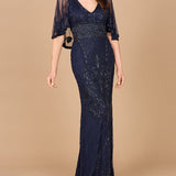 Cape Sleeve V-Neck Beaded Gown
