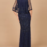 Cape Sleeve V-Neck Beaded Gown