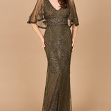 Cape Sleeve V-Neck Beaded Gown