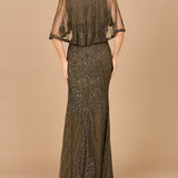 Cape Sleeve V-Neck Beaded Gown