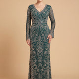 Long Bell Sleeve V-Neck Beaded Gown | 29358