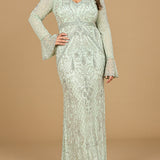 Long Bell Sleeve V-Neck Beaded Gown