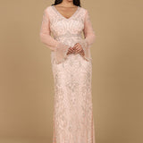 Long Bell Sleeve V-Neck Beaded Gown