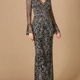 Long Bell Sleeve V-Neck Beaded Gown