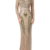 Long Sleeve Contrast Beaded Gown
