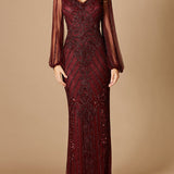 Long Flutter Sleeves Beaded Dress