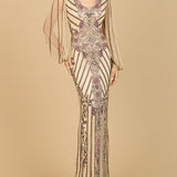Long Flutter Sleeves Beaded Dress
