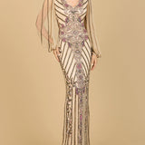 Long Flutter Sleeves Beaded Dress
