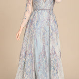 Long Sleeve Contrast Embroidered Gown with Overskirt