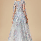 Long Sleeve Contrast Embroidered Gown with Overskirt