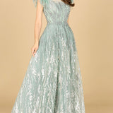 Lace ballgown with Feather Cap Sleeves